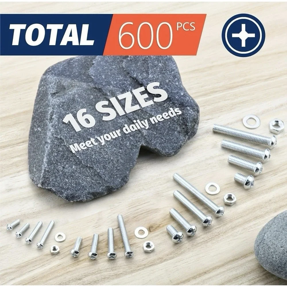 600Pcs Screws Bolts Nuts Assortment Kit Metric Screws and Flat Washers Head Sets